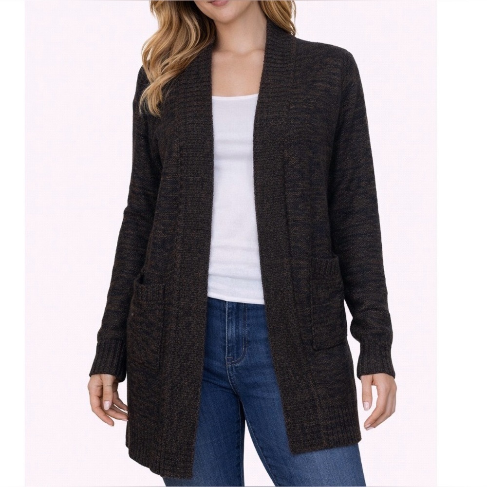Ashley 26 international brand SZ LG black and brown open front cardigan sweater